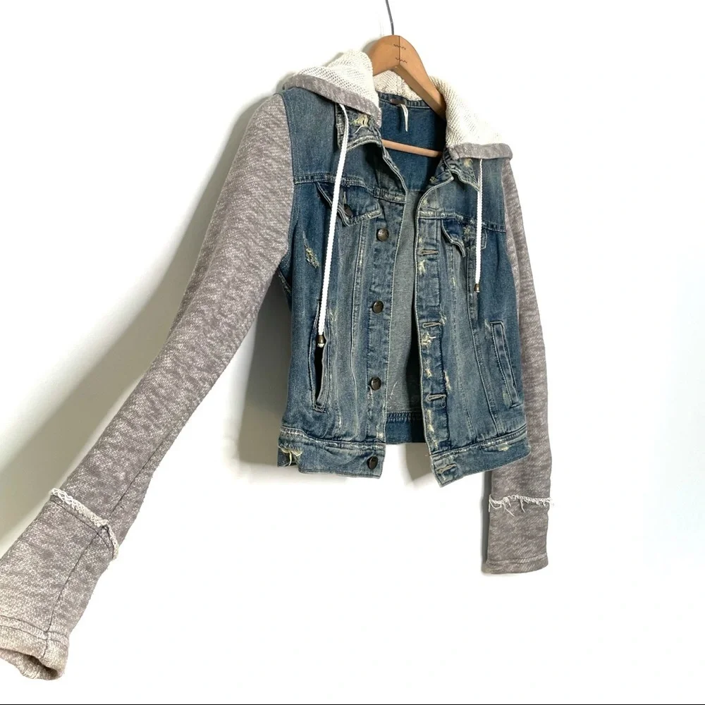 Free People | Mixed Media Distressed Hooded Jean Jacket - Picture 4 of 11
